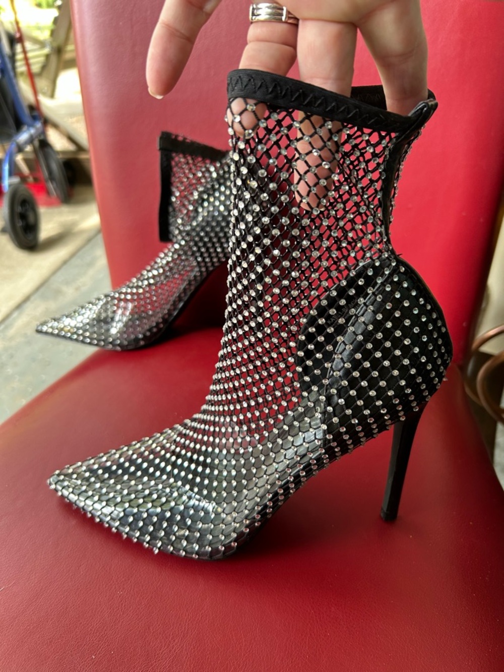 Black Rhinestone Mesh Pointed-Toe Stiletto Booties